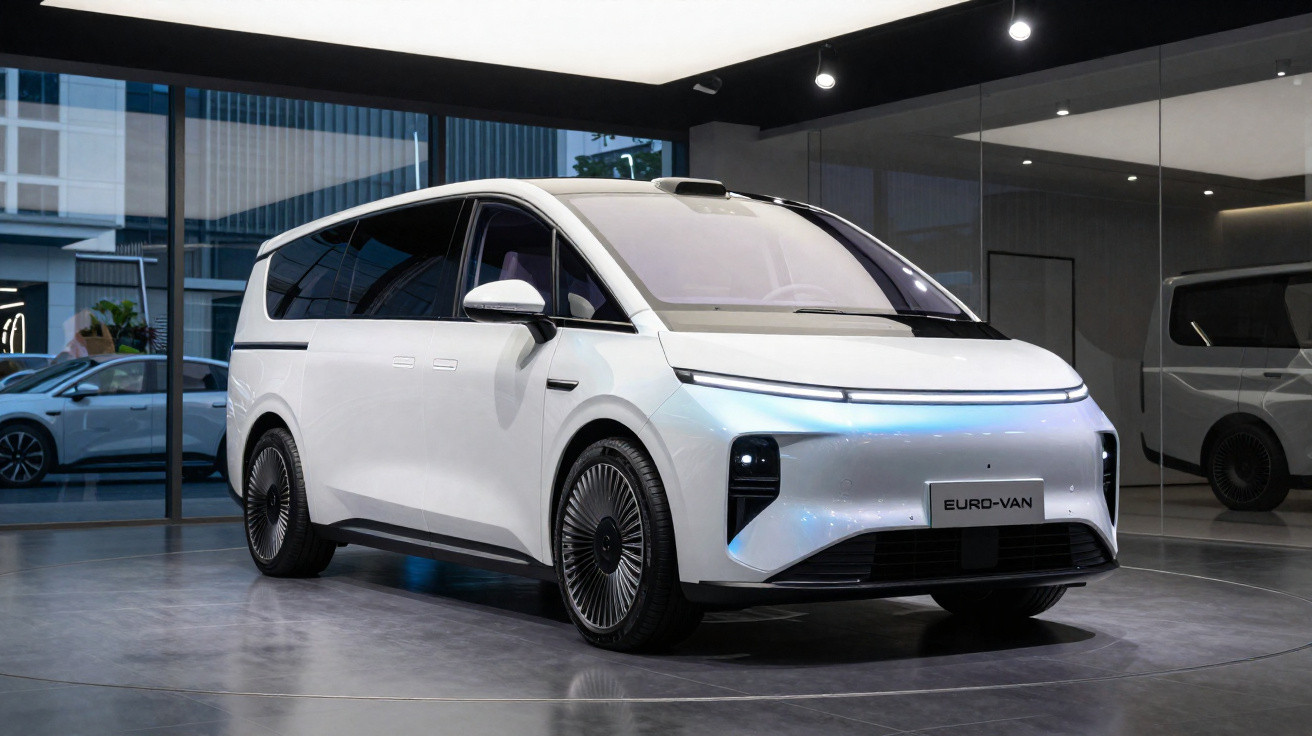 Van elétrica branca futurista estacionada em showroom com iluminação interna moderna.