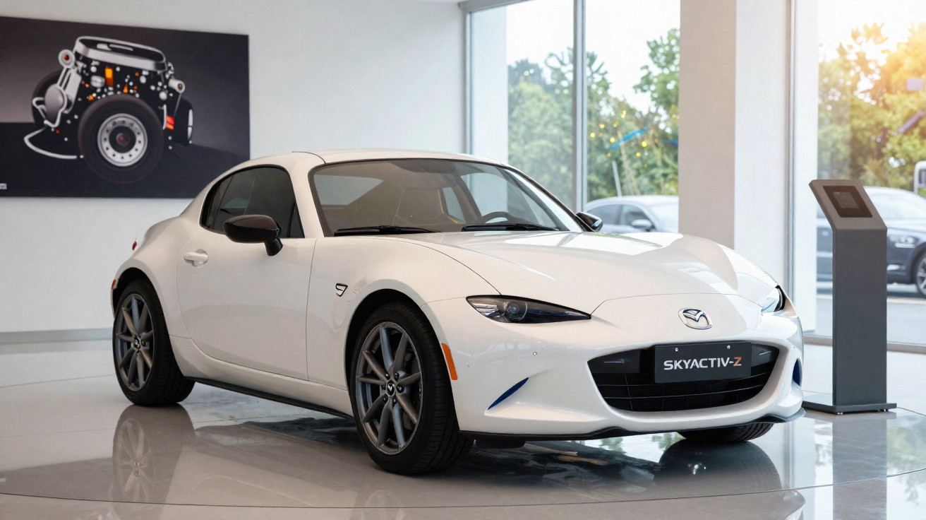 Carro esportivo branco Mazda MX-5 Miata modelo Skyactiv-Z exibido em showroom moderno.