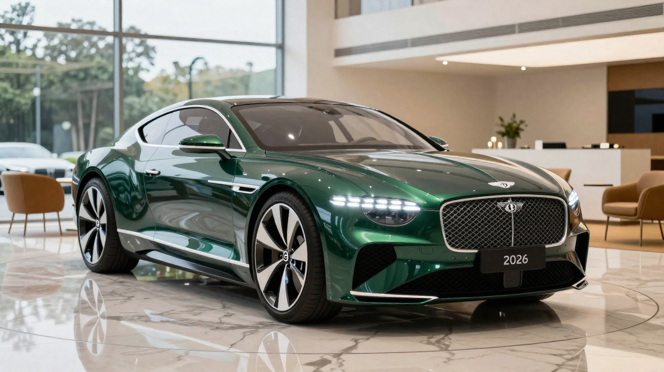 Carro esportivo verde escuro Bentley Flying Spur 2026 em showroom moderno com chão de mármore.