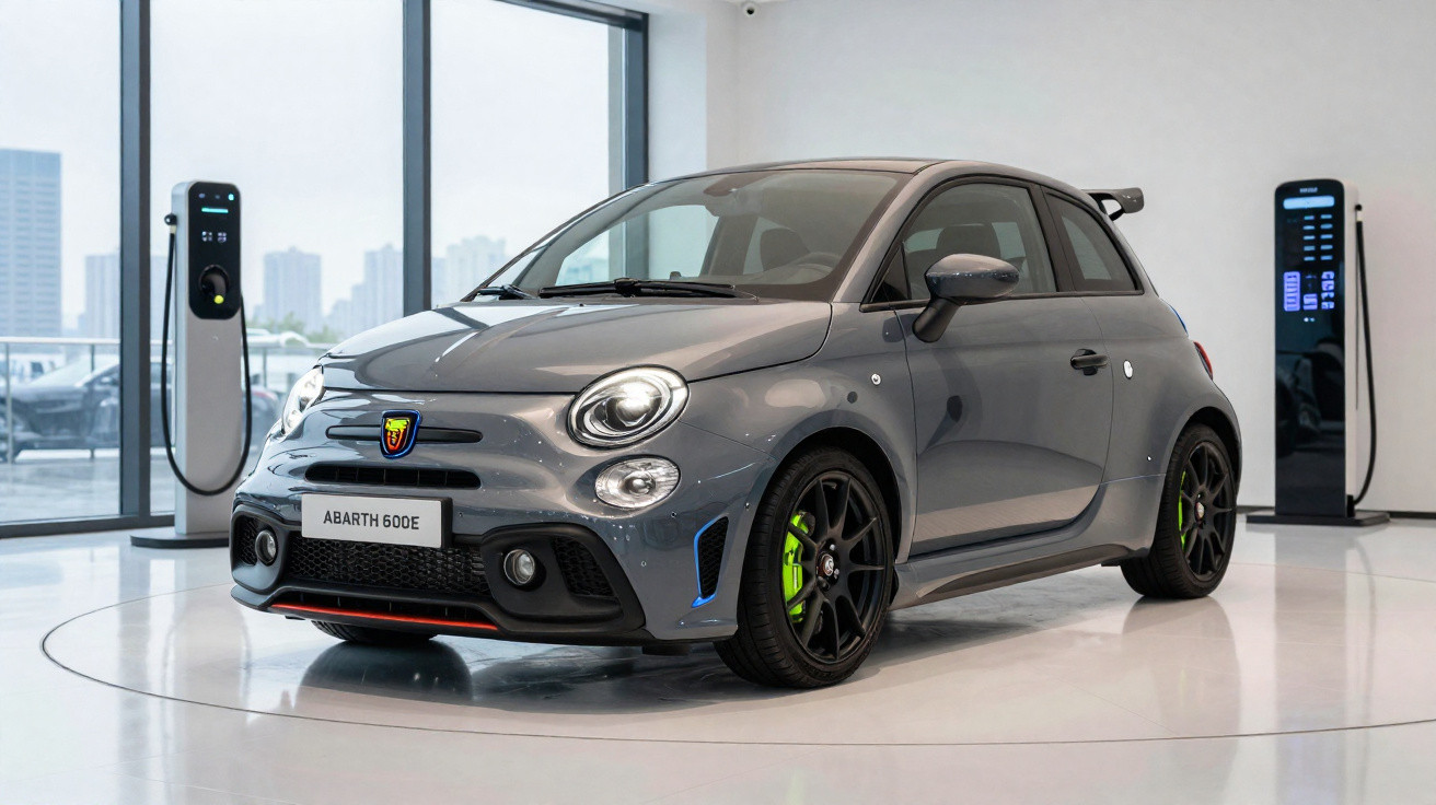 Carro cinza compacto Abarth 600E estacionado em loja com estações de carregamento elétrico ao fundo.