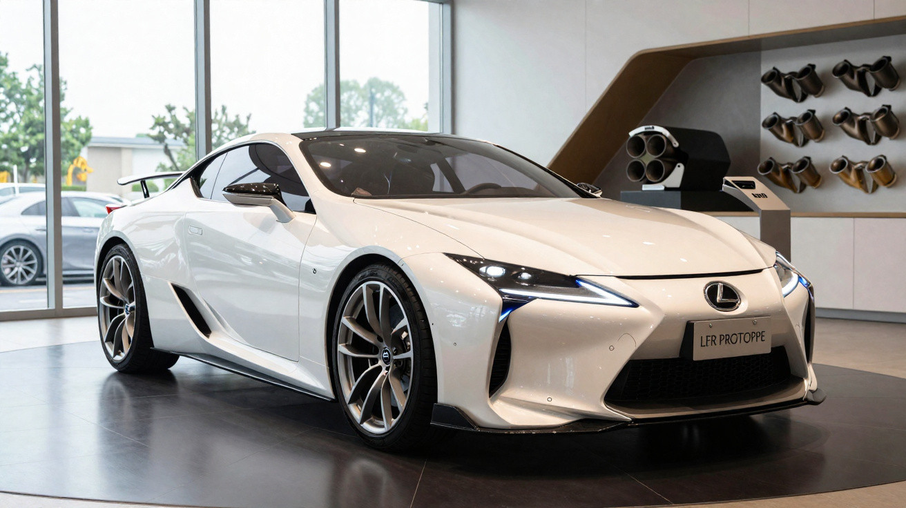 Carro esportivo branco Lexus LFR Prototype exibido em showroom moderno com piso cinza e janelas amplas.