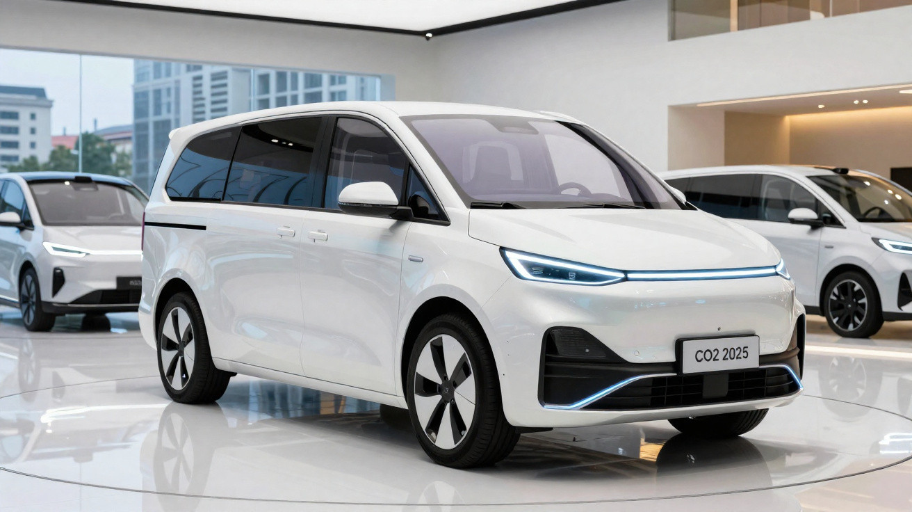 Van elétrica branca modelo CO2 2025 em exibição dentro de showroom moderno.