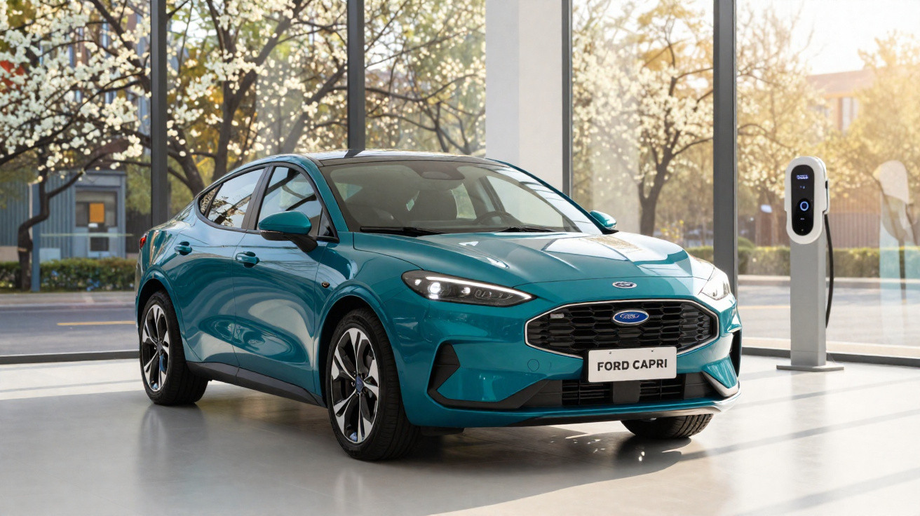 Carro elétrico Ford Capri azul em exibição dentro de loja com carregador ao lado e árvores ao fundo.