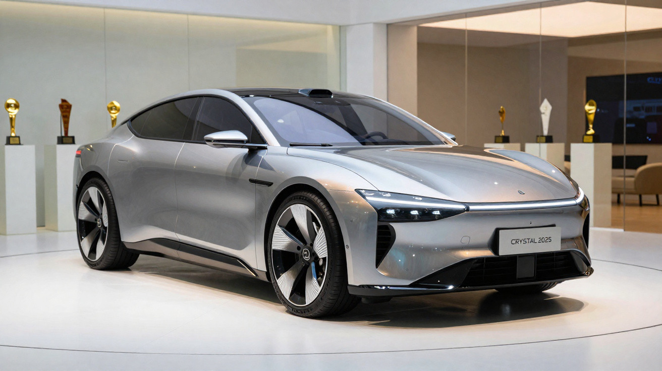 Carro elétrico prata futurista Crystal 2025 em exposição com troféus ao fundo.