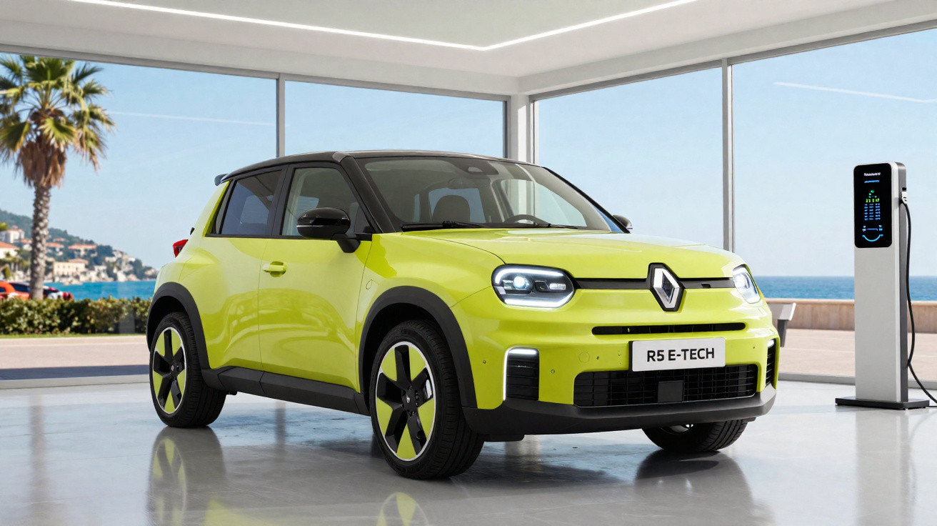 Carro elétrico Renault R5 E-Tech amarelo estacionado em ambiente moderno com carregador elétrico ao lado.