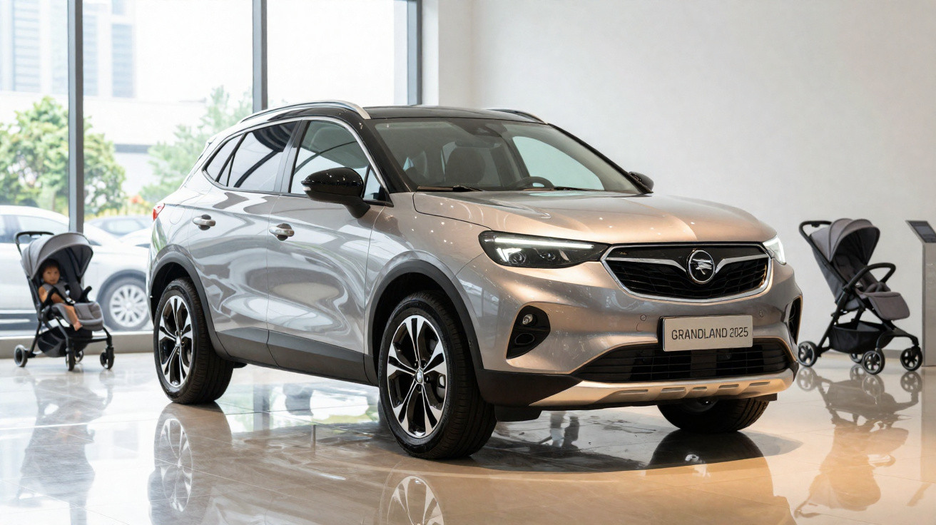 SUV prata Grandland 2025 em showroom com duas cadeirinhas de bebê ao fundo, em ambiente claro e moderno.