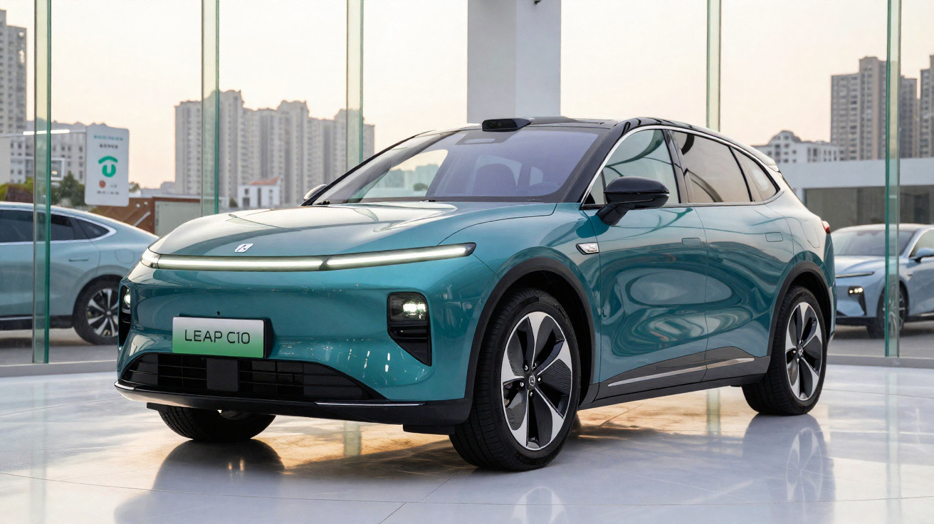 Carro elétrico verde Leap C10 estacionado em showroom moderno com paredes de vidro.