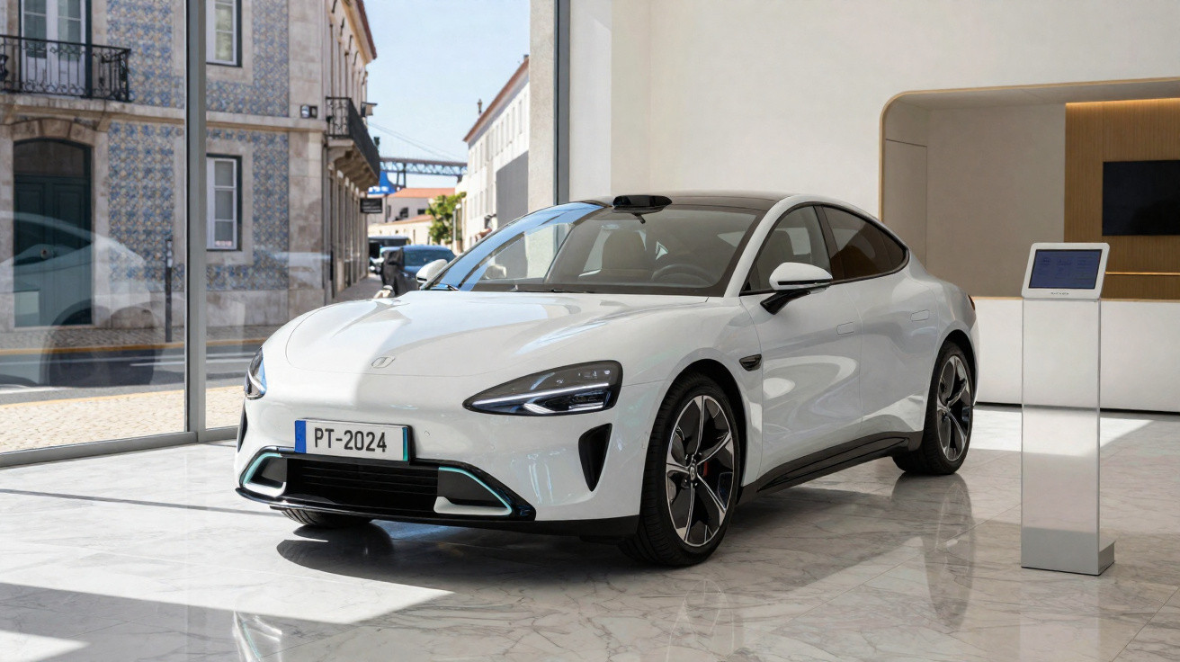 Carro elétrico branco exposto em showroom moderno com piso marmorizado e painel digital ao lado.