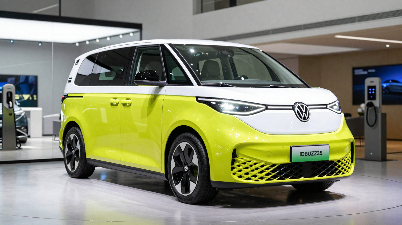 Van elétrica Volkswagen ID.BUZZ amarela e branca exposta em salão automotivo.