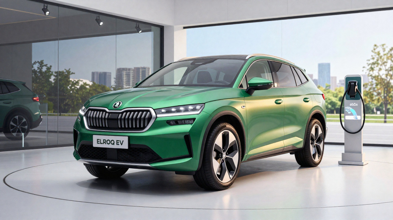 SUV elétrico verde Škoda ELROQ EV estacionado em showroom ao lado de estação de carregamento.
