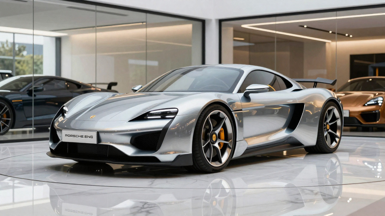 Carro esportivo Porsche prata em exposição dentro de showroom moderno com piso de mármore.