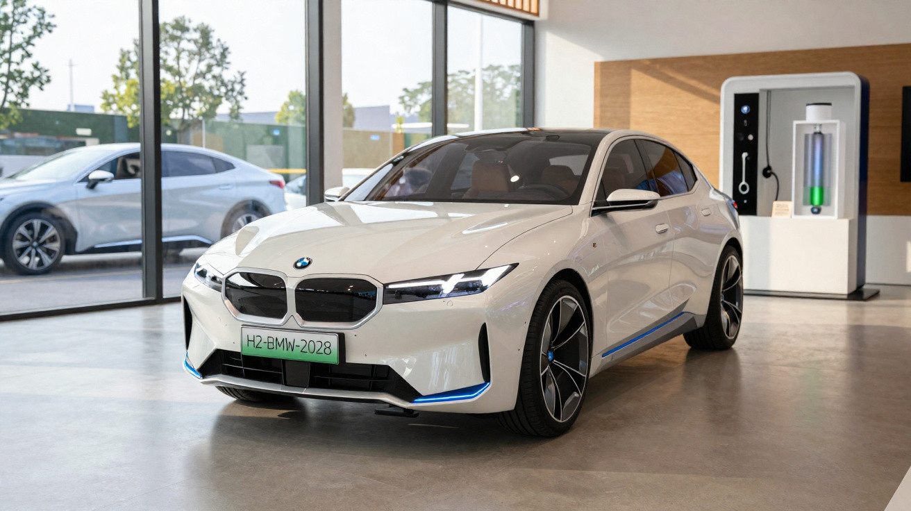 Carro elétrico BMW branco estacionado em showroom moderno com carregador ao fundo.