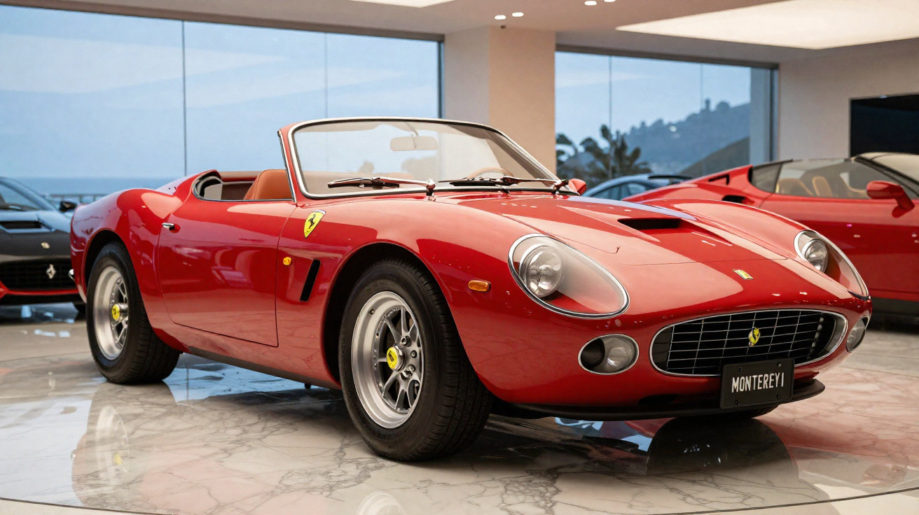 Carro esportivo conversível Ferrari clássico vermelho exibido em showroom moderno com piso de mármore.