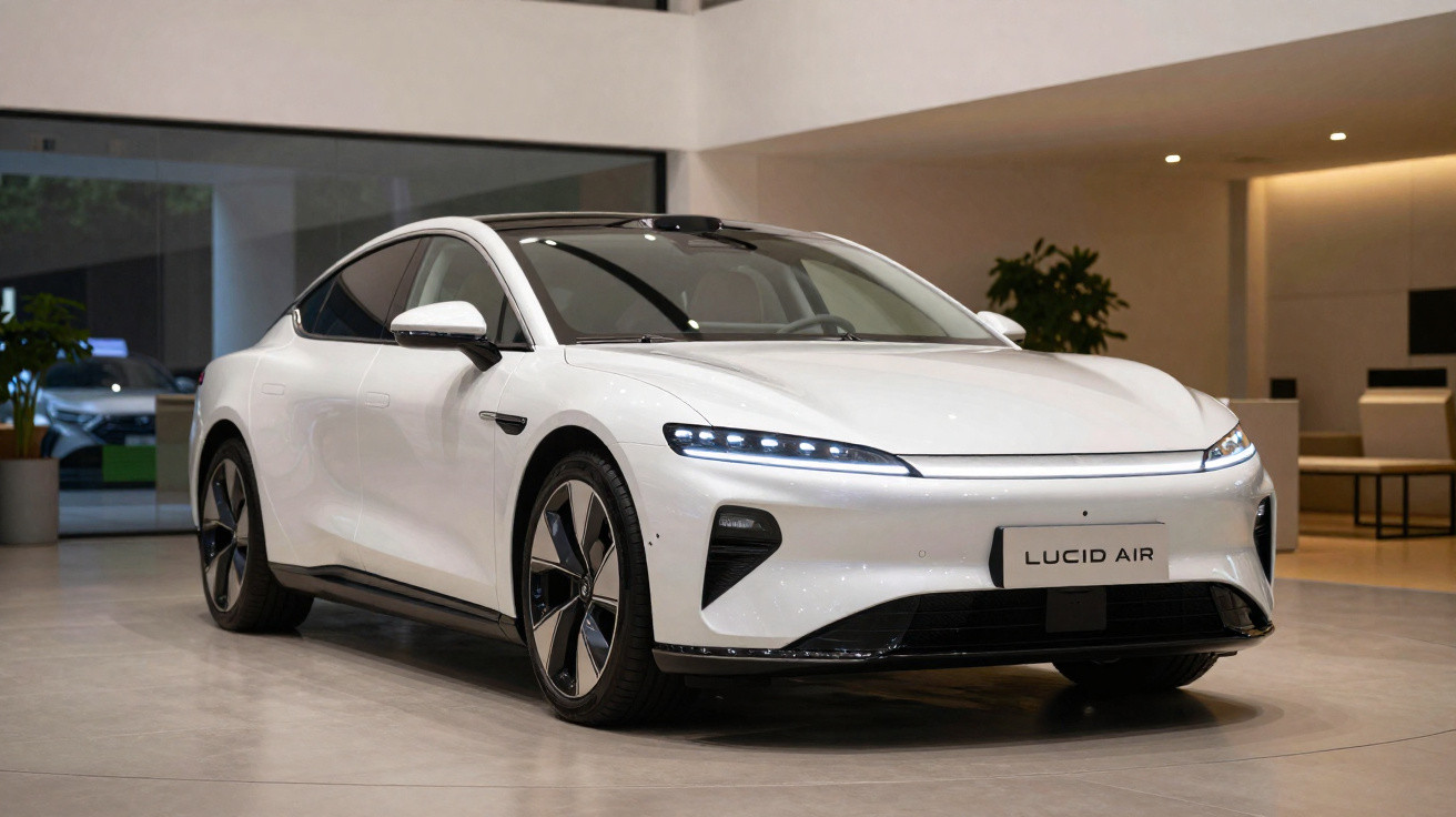 Carro elétrico branco Lucid Air estacionado em ambiente interno moderno e iluminado.