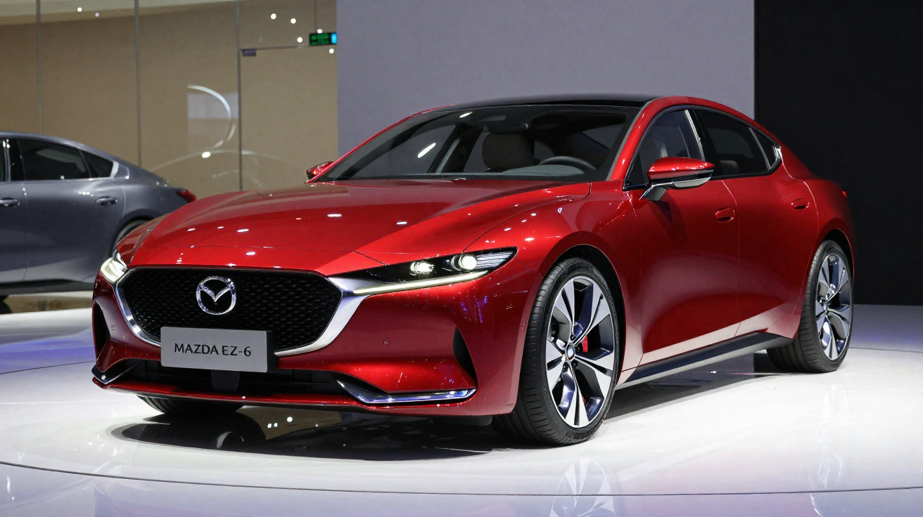 Carro esportivo vermelho Mazda EZ-6 exibido em palco interno com luzes refletidas na carroceria brilhante.