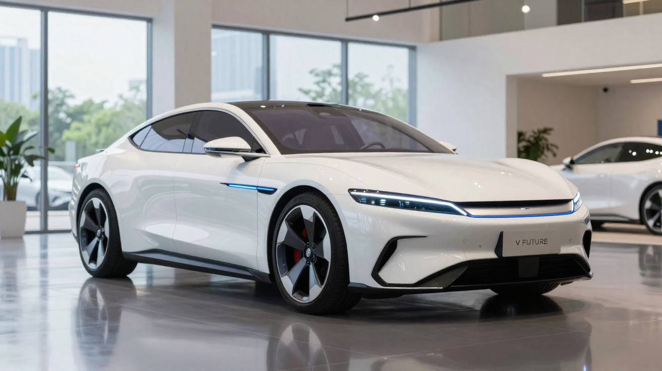 Carro elétrico branco moderno exposto em showroom com luzes LED e design aerodinâmico.