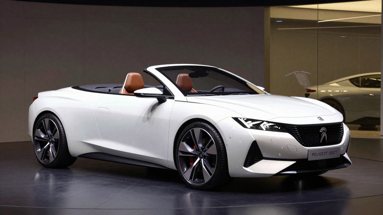 Carro conversível Peugeot 508 branco em exposição com interior marrom e rodas grandes.