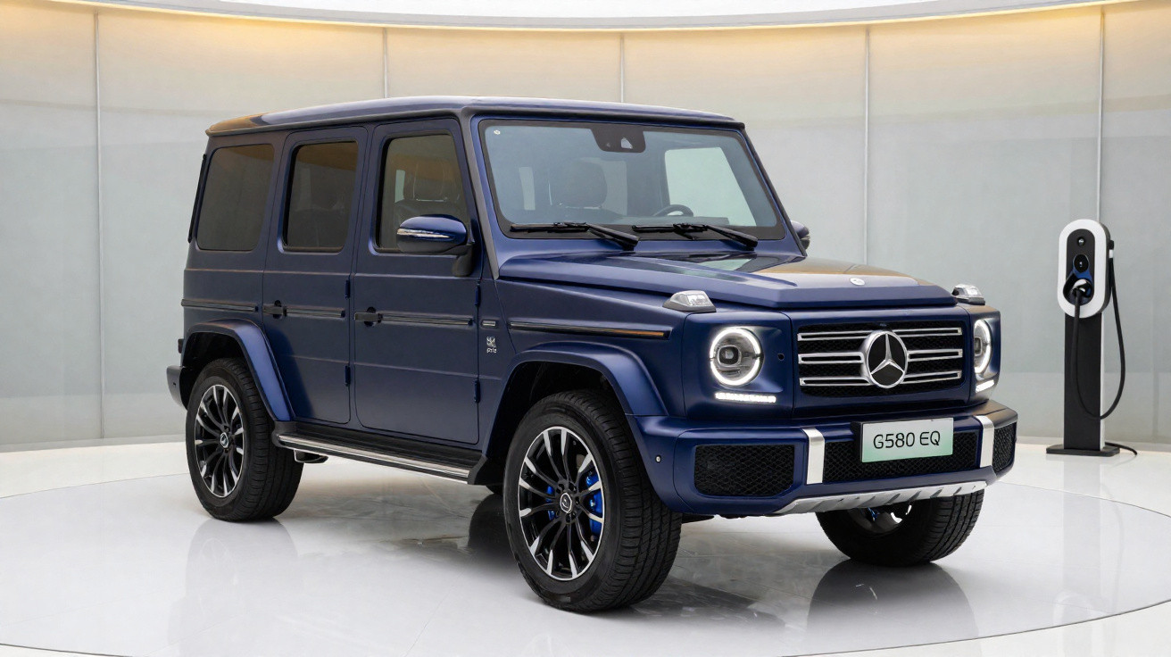 SUV Mercedes-Benz G580 EQ azul escuro estacionado em ambiente interno com carregador elétrico ao fundo.