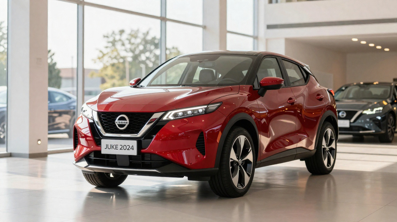 Carro Nissan Juke 2024 vermelho exposto em showroom moderno com grandes janelas.