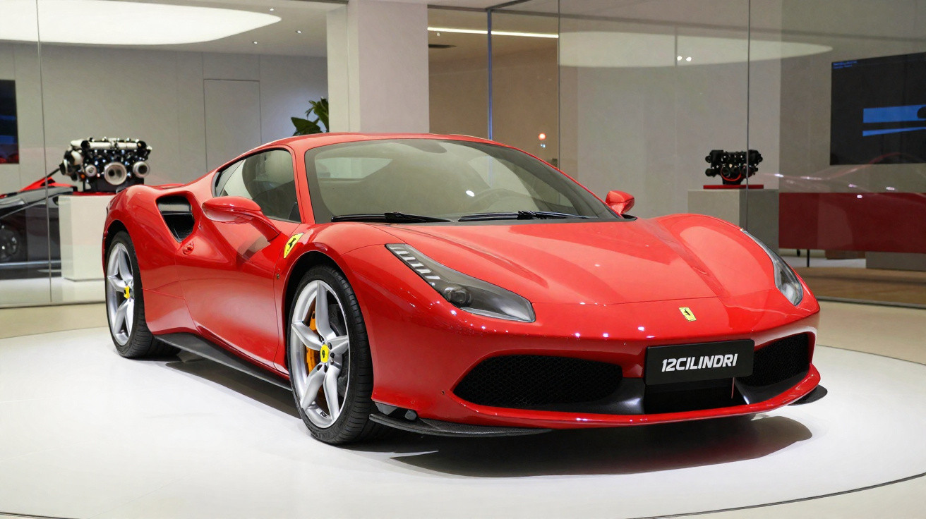 Carro esportivo Ferrari vermelho exibido em sala de exposição com motor ao fundo.