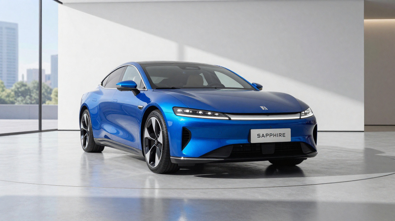 Carro elétrico azul modelo Sapphire em exposição em ambiente moderno e iluminado.