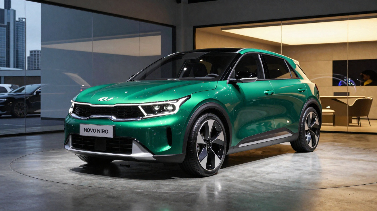 Carro verde Kia Novo Niro estacionado em showroom moderno com piso de concreto polido.