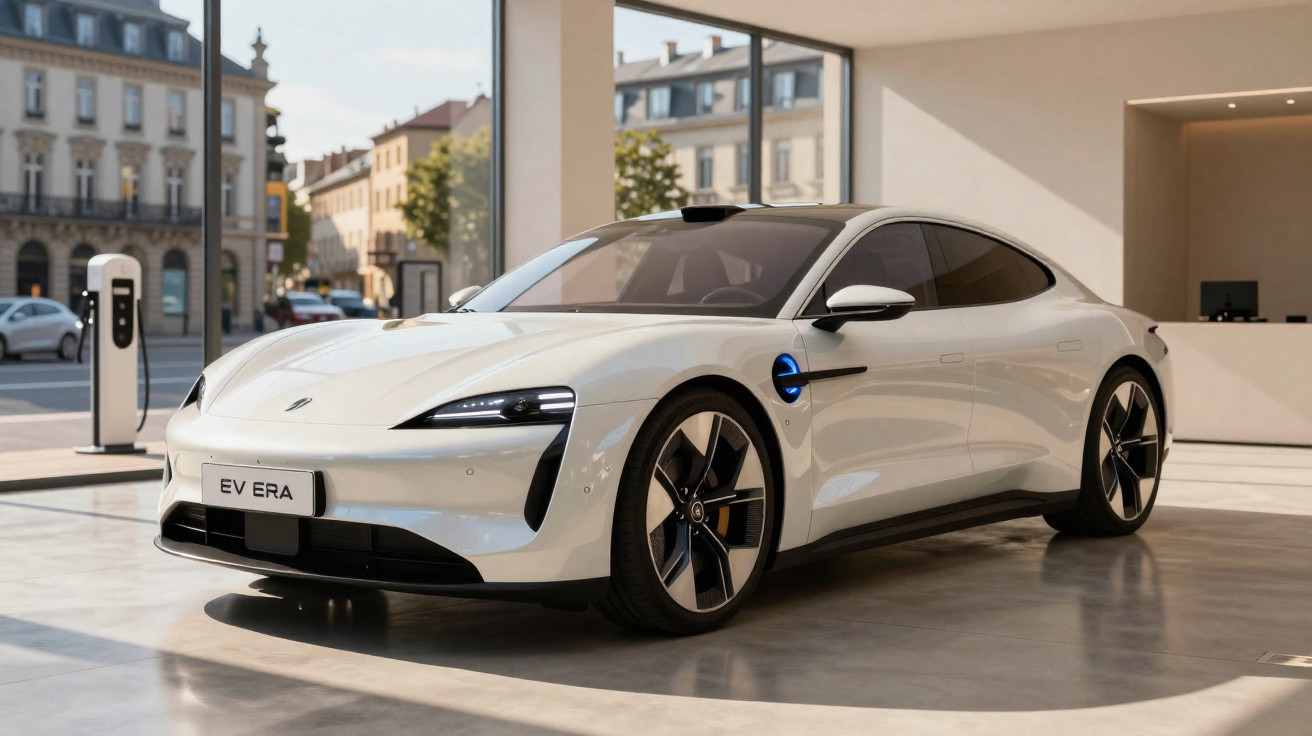 Carro elétrico branco moderno EV Era estacionado em ambiente interno com janela para a rua.