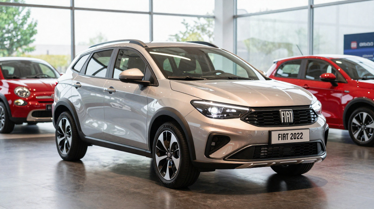 Carro Fiat SUV prata 2022 em showroom com dois carros vermelhos ao fundo.