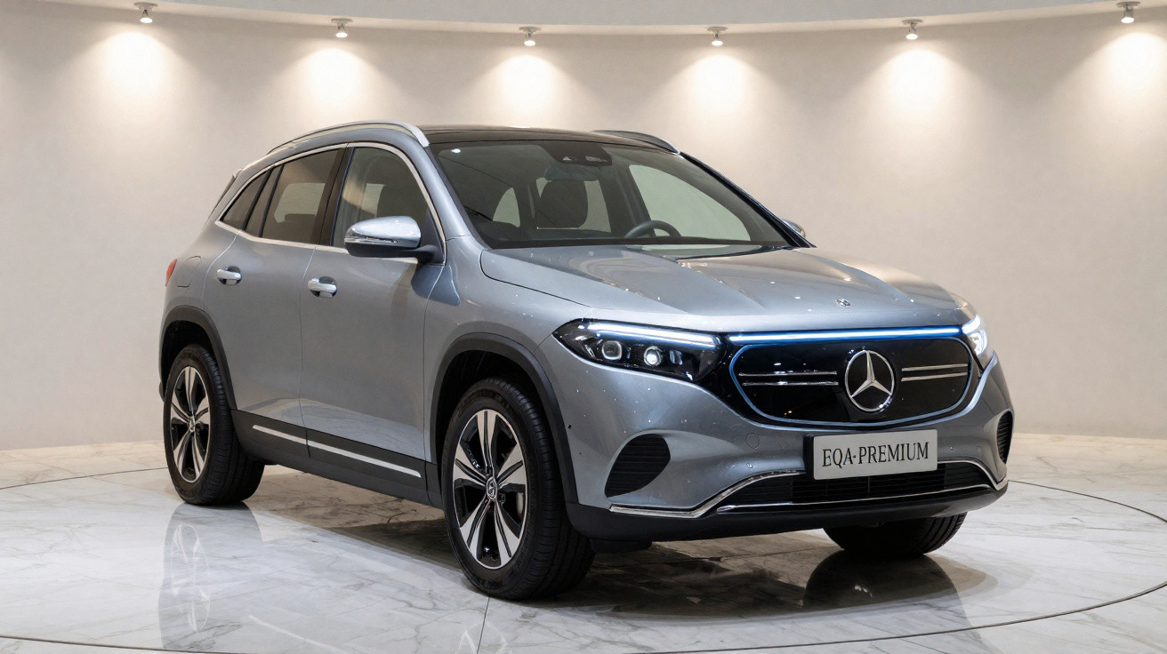 Carro SUV elétrico prata Mercedes-Benz EQA Premium exibido em ambiente interno iluminado.