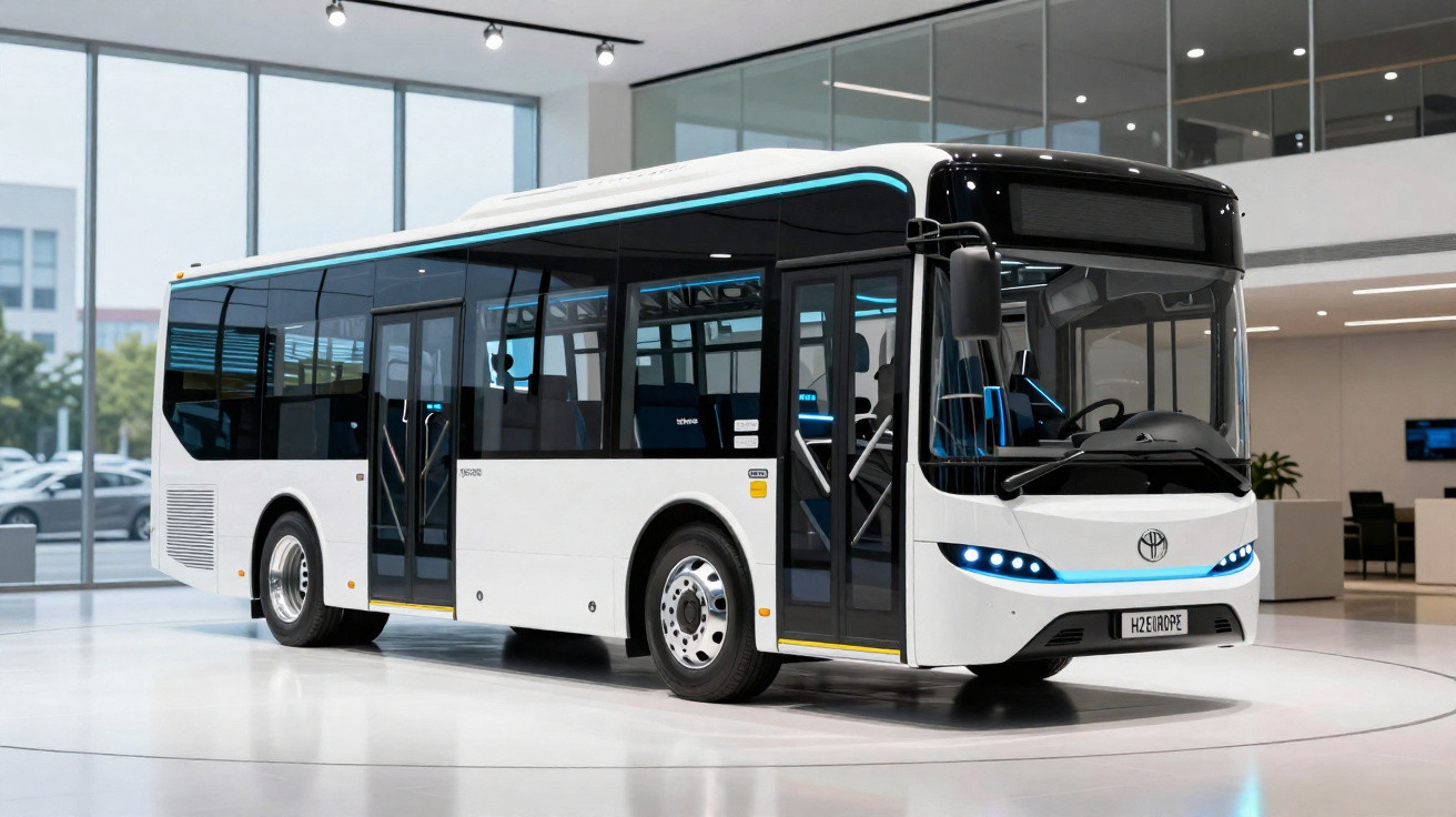 Ônibus urbano branco e moderno exposto em ambiente interno com vidro ao fundo.