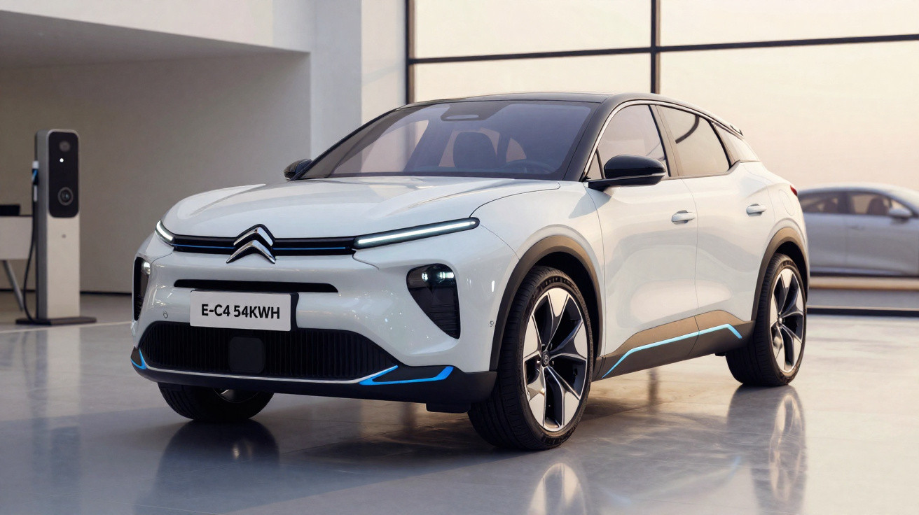 Carro elétrico Citroën E-C4 branco estacionado em ambiente interno com estação de recarga ao fundo.