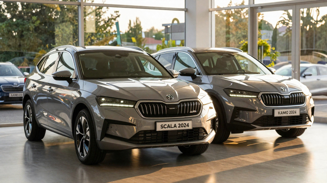 Dois carros Škoda cinza modelo 2024 exibidos em showroom com iluminação natural.