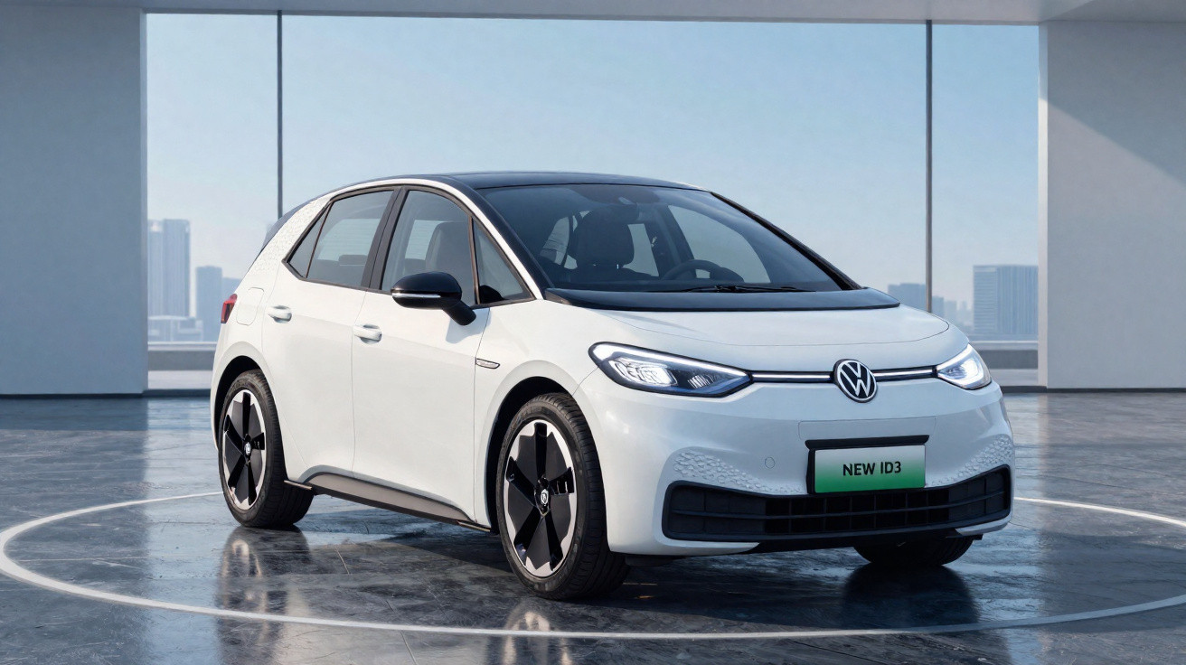 Carro elétrico branco Volkswagen ID.3 estacionado em ambiente interno com piso refletivo.