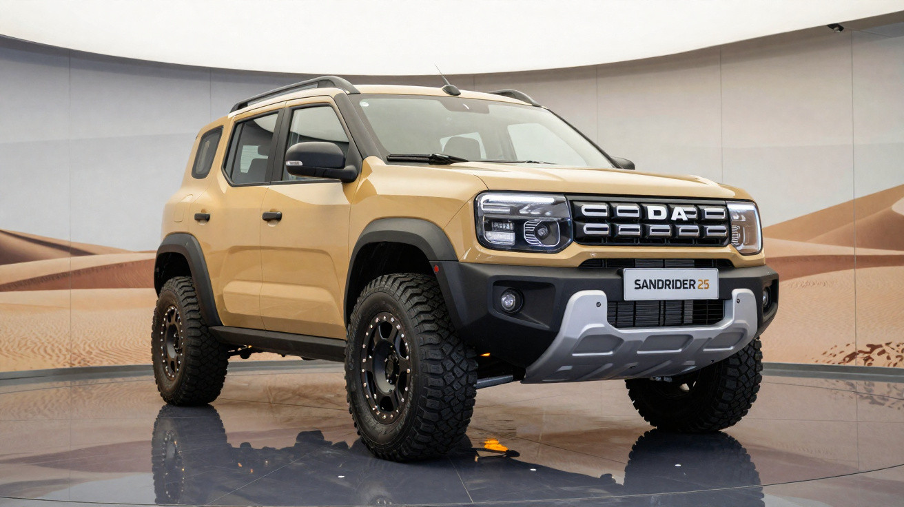 SUV Sandrider 25 bege com design robusto e pneus off-road em ambiente interno moderno.