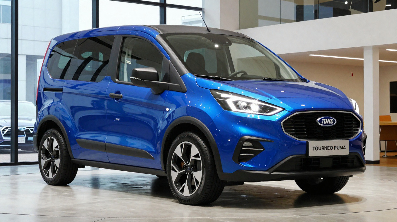 Carro SUV azul Ford Tourneo Puma estacionado em showroom moderno com piso claro.