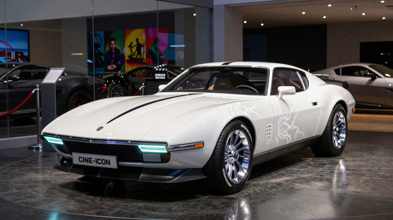 Carro esportivo branco antigo em exposição com luzes dianteiras acesas e rodas cromadas brilhantes.