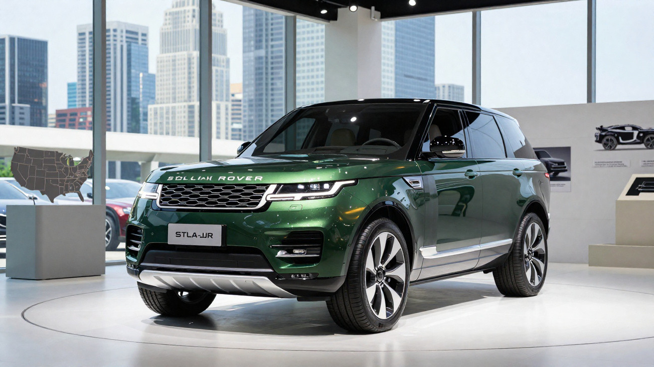 SUV verde escuro estacionado em exposição com fundo de edifícios altos e grandes janelas de vidro.