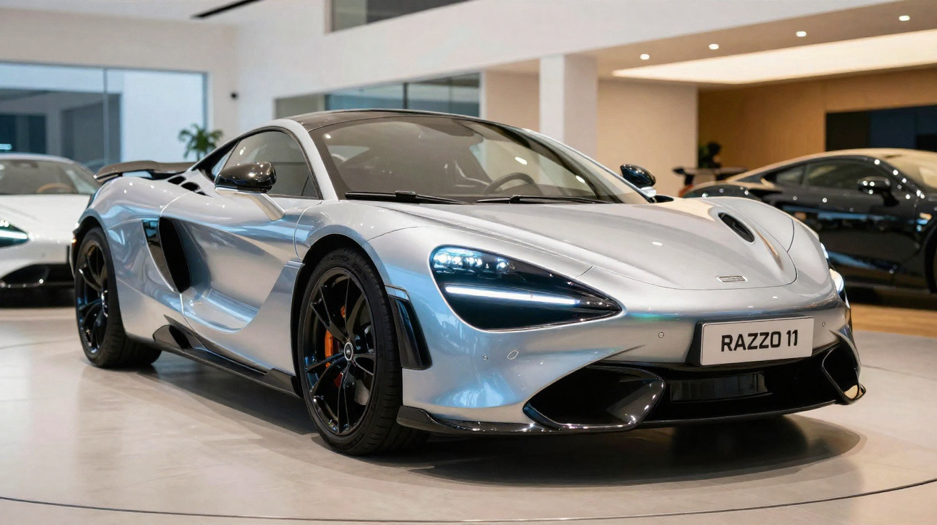 Carro esportivo prata com rodas pretas exibido em showroom moderno e iluminado.