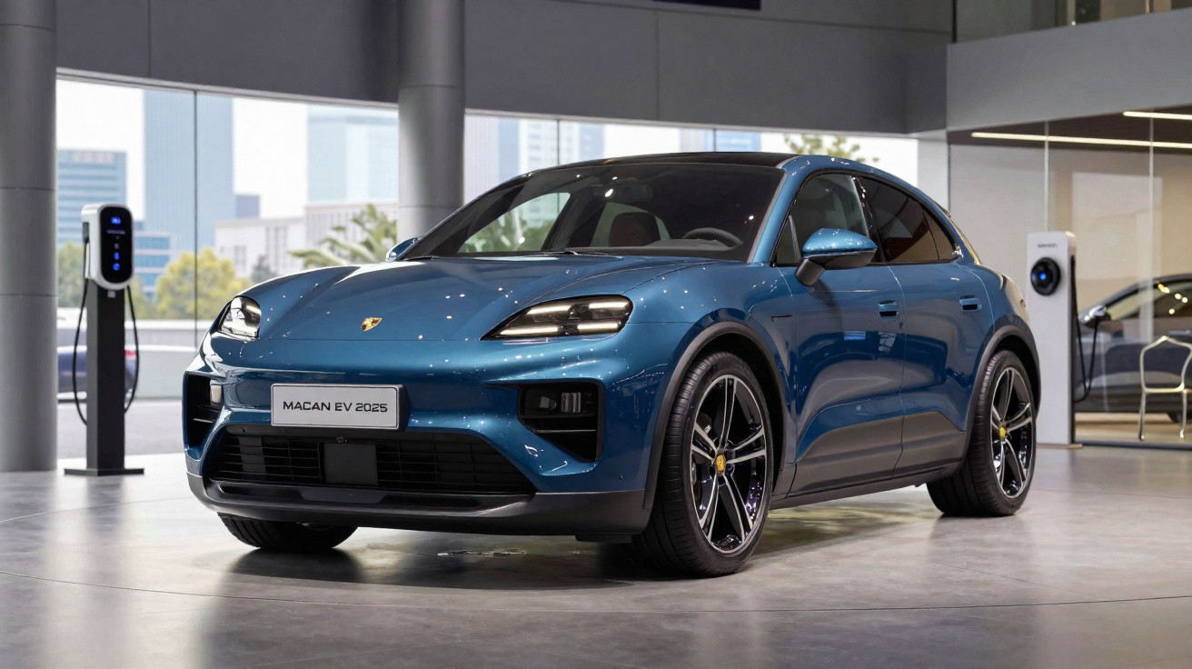 Carro elétrico Porsche Macan EV 2025 azul exposto em showroom moderno com estação de recarga ao fundo.
