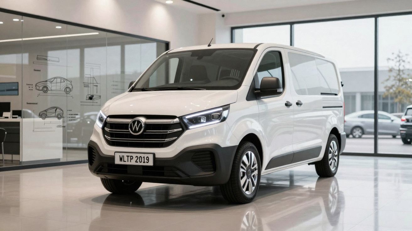 Van branca estacionada em showroom moderno com paredes de vidro e piso brilhante refletindo o veículo.