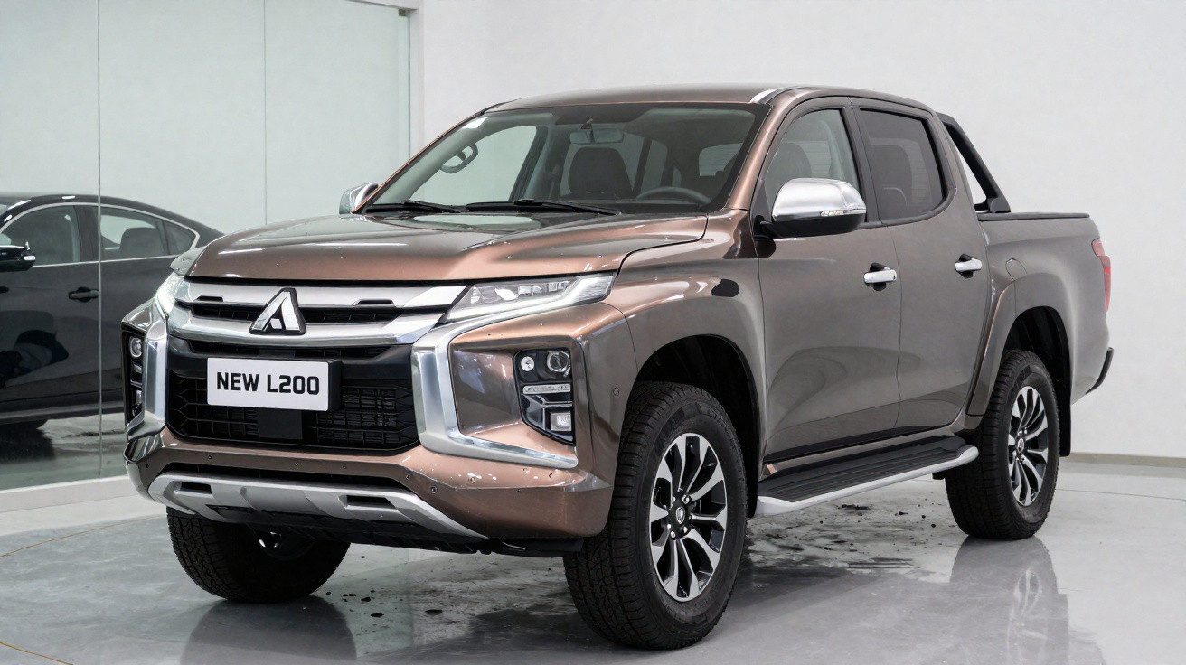 Picape Mitsubishi New L200 marrom estacionada em showroom com parede branca ao fundo.