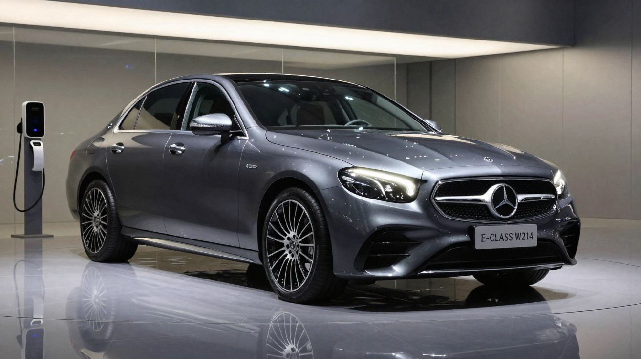 Carro elétrico Mercedes-Benz E-Class W214 cinza carregando em estação interna, em ambiente moderno e iluminado.