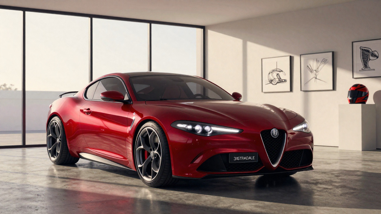 Carro esportivo Alfa Romeo Giulia GTA vermelho em sala moderna com luz natural e arte nas paredes.