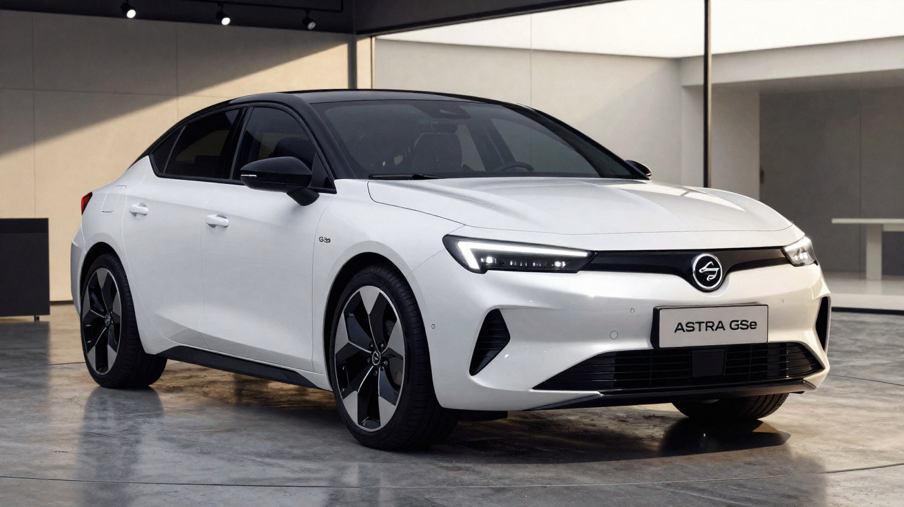 Carro elétrico branco Opel Astra GSe estacionado em ambiente interno moderno com teto escuro.