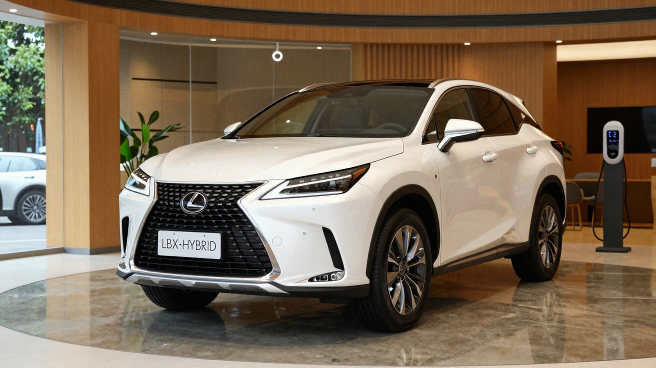 Carro branco Lexus LBX Hybrid exposto em showroom moderno com piso de mármore e paredes de madeira clara.