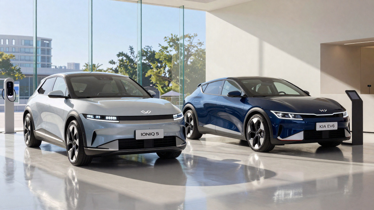 Dois carros elétricos modernos estacionados em showroom com paredes de vidro, um prata Ioniq 5 e um azul Kia EV6.