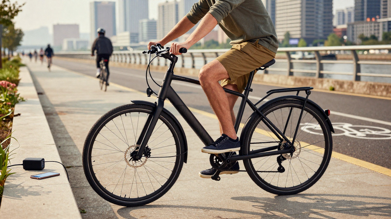 Homem pedalando bicicleta preta em ciclovia urbana com prédios e outros ciclistas ao fundo.