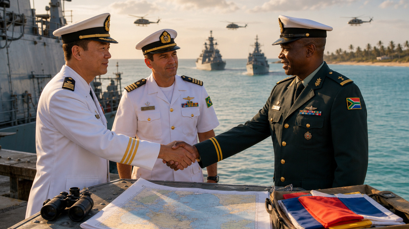 Três militares, dois em uniforme branco brasileiro e um em uniforme verde sul-africano, apertam mãos em navio ao mar.