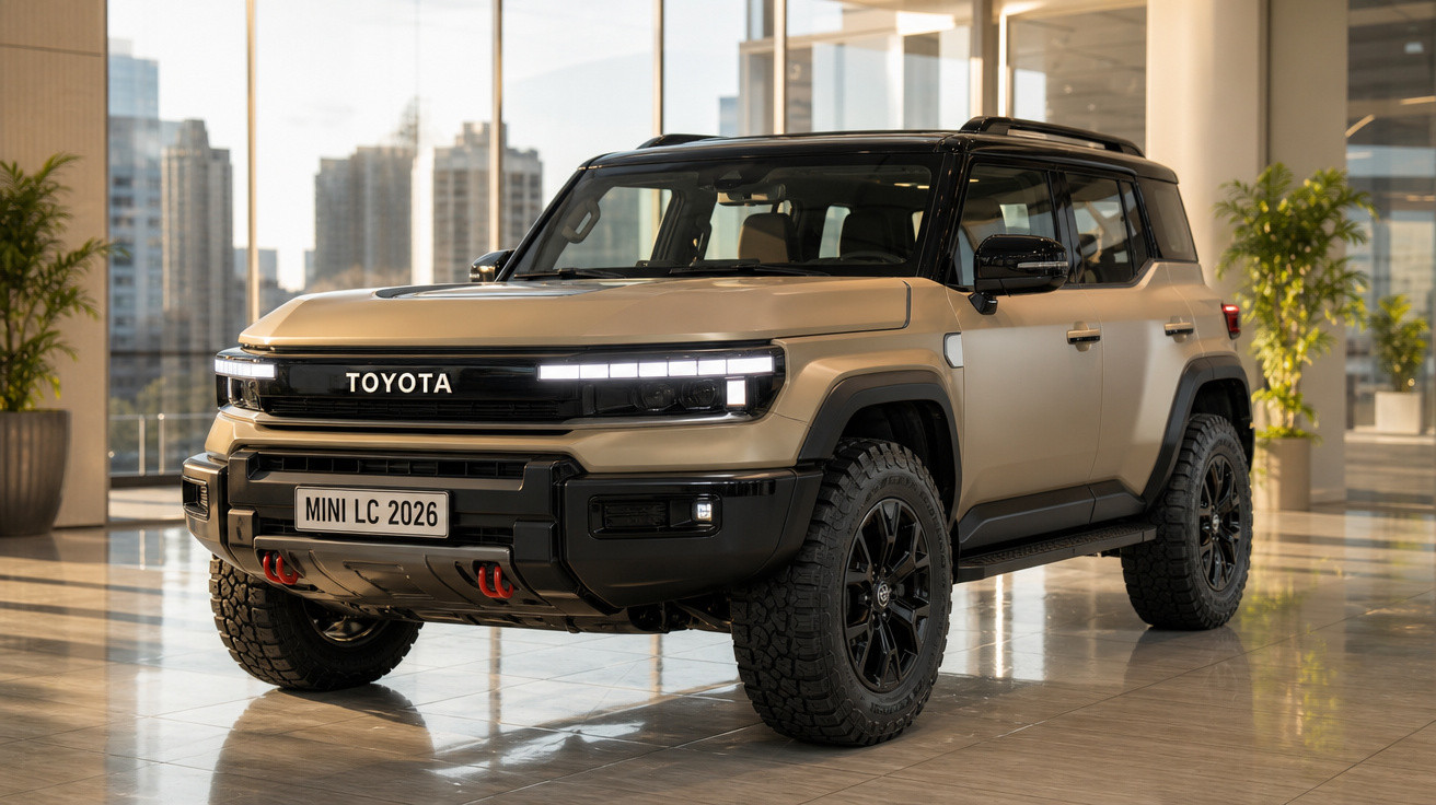 SUV Toyota Land Cruiser Mini 2026 bege estacionado em ambiente interno com grandes janelas.
