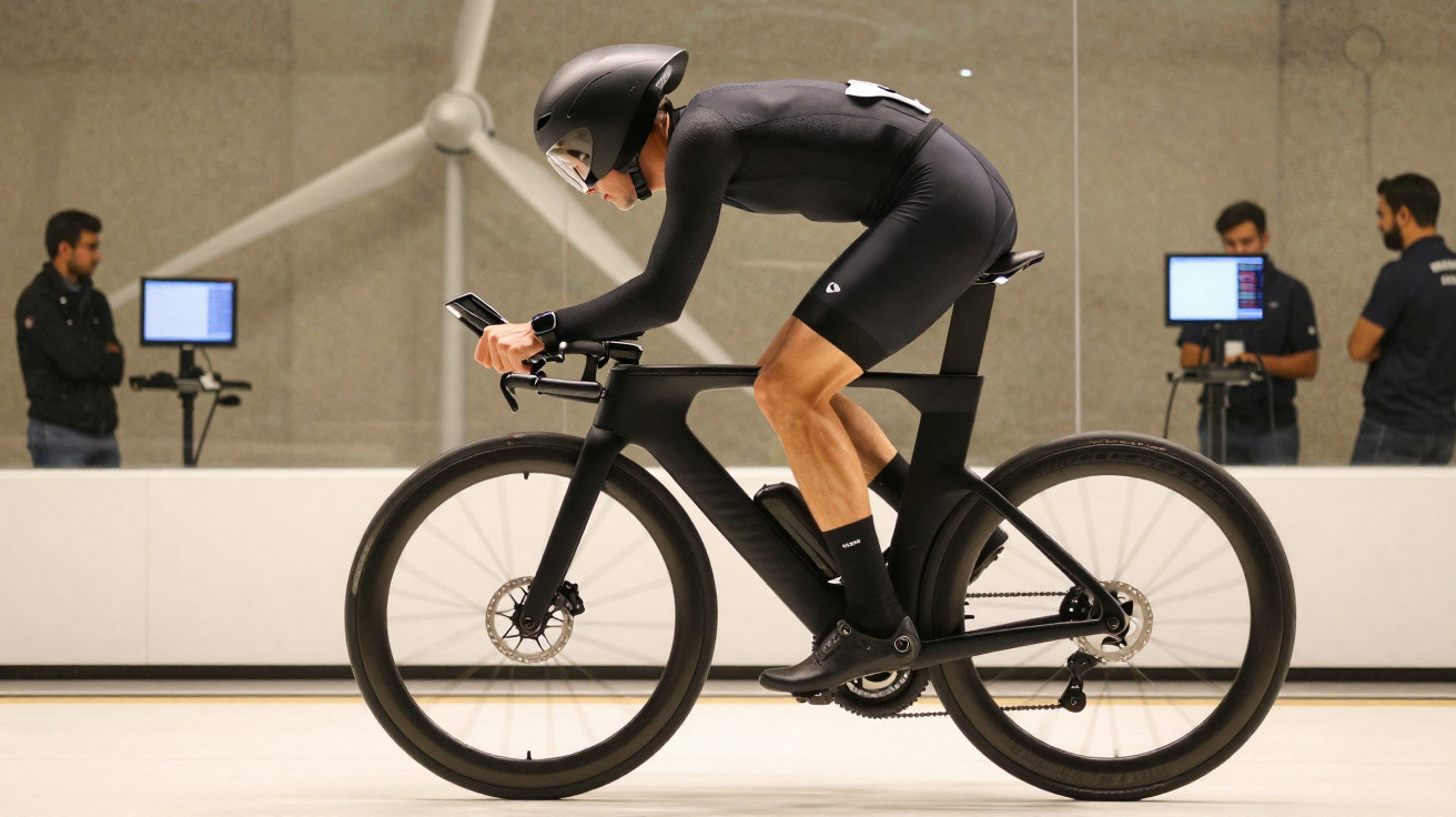 Atleta em roupa preta e capacete testa bicicleta aerodinâmica em ambiente interno com computadores ao fundo.